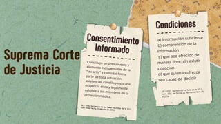 Constituye un presupuesto y
elemento indispensable de la
“lex artis” y como tal forma
parte de toda actuación
asistencial, constituyendo una
exigencia ética y legalmente
exigible a los miembros de la
profesión médica.
a) información suficiente
b) comprensión de la
información
c) que sea ofrecido de
manera libre, sin existir
coacción
d) que quien lo ofrezca
sea capaz de decidir
Consentimiento
Informado
(B.J. 1332, Sentencia 1ra Sala de la SCJ
núm. 338, de fecha 22 de noviembre de
2021)a
Suprema Corte
de Justicia
(B.J. 1256, Sentencia de las Salas Reunidas de la SCJ,
núm. 14 de fecha 22 de julio de 2015).
Condiciones
 