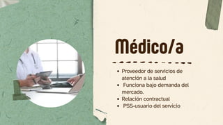 Médico/a
Proveedor de servicios de
atención a la salud
Funciona bajo demanda del
mercado.
Relación contractual
PSS-usuario del servicio
 