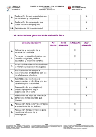 CARRERA DE
ENFERMERÍA
fcs.uta.edu.ec
catedra de SALUD LABORAL LEGISLACION Y ETICA
PROFECIONAL
Septiembre - Febrero 2019
UNIVERSIDAD
TÉCNICA DE AMBATO
www.uta.edu.ec
MISIÓN
Formar profesionales líderes, competentes con visión humanista y
pensamiento crítico, a través de la docencia, la investigación y la
vinculación, que apliquen, promuevan y difundan el conocimiento
respondiendo a las necesidades del país.
VISIÓN
La Carrera de Enfermería de la Facultad de Ciencias de la Salud de la Universidad Técnica de
Ambato por sus niveles de excelencia se constituirá en un centro de formación superior con
liderazgo con proyección nacional e internacional.
VALORES
•Científicos: Desarrollo del conocimiento, investigación, creatividad, innovación y criticidad.
•Humanísticos: Calidad, servicio, honestidad, solidaridad, responsabilidad, ética, justicia,
equidad, libertad y respeto.
•Sociales: Liderazgo, interculturalidad, comunicación y sentido ecológico.
8.
Declaración de que su participación
es voluntaria y competente
X
9.
Declaración de comprender que
puede retirarse sin perjuicio
X
10. Expresión de libre conformidad x
VI.- Conclusiones generales de la evaluación ética
Información sobre No
consta
Poco
adecuada
Adecuada Muy
adecuada
1.
Relevancia y extensión de la
información brindada
X
2.
Forma de recolección de datos con
relación a objetivos, análisis
estadístico y eficiencia científica
X
3.
Potencial de extraer información con
la menor exposición de los sujetos
X
4.
Justificación de los riesgos e
inconvenientes predecibles con los
beneficios para el sujeto
X
5.
Justificación de los riesgos e
inconvenientes predecibles con los
beneficios para la sociedad
X
6.
Adecuación del investigador al
proyecto propuesto según
experiencia en el tema
X
7.
Adecuación del lugar de realización
considerando los recursos que
dispone
X
8.
Adecuación de la supervisión médica
y seguimiento de los sujetos
X
9.
Adecuación de las previsiones para
monitorear el curso de la
investigación
X
 