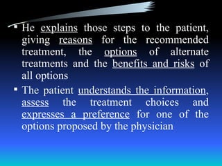  He explains those steps to the patient,
  giving reasons for the recommended
  treatment, the options of alternate
  treatments and the benefits and risks of
  all options
 The patient understands the information,
  assess the treatment choices and
  expresses a preference for one of the
  options proposed by the physician
 