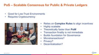 www.luxoft.com
PoS – Scalable Consensus for Public & Private Ledgers
10
• Good for Low-Trust Environments
• Requires Cryptocurrency
• Relies on Complex Rules to align incentives
• Highly scalable
• Theoretically faster than PoW
• Transaction finality is not immediate
• Builds foundation for Governance
• Microtransactions?
• Privacy?
• Decentralization?
 