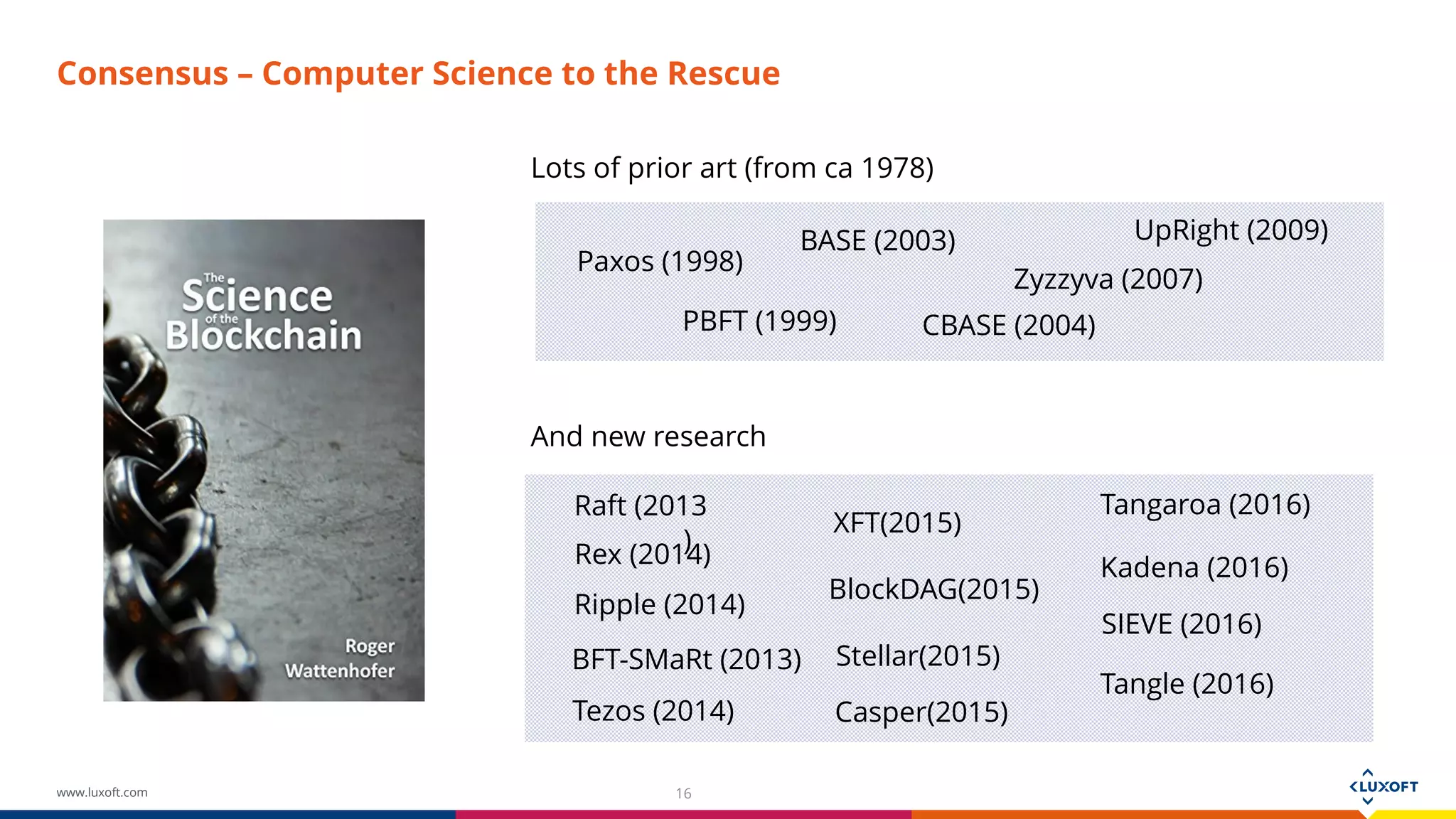 www.luxoft.com
Consensus – Computer Science to the Rescue
16
Lots of prior art (from ca 1978)
And new research
Paxos (1998)
Raft (2013
)
PBFT (1999)
SIEVE
(2016)
BASE (2003)
CBASE (2004)
UpRight (2009)
Tangaroa (2016)
Zyzzyva (2007)
Ripple (2014)
BFT-SMaRt (2013)
XFT(2015)
Stellar(2015)
BlockDAG(2015)
Tangle (2016)
Tezos (2014) Casper(2015)
Rex (2014) Kadena (2016)
 