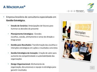 A MACROPLAN®
• Empresa brasileira de consultoria especializada em
Gestão Estratégica.
• Estudo de Cenários: Antecipações de futuros para
iluminar as decisões do presente
• Planejamento Estratégico: Grandes
escolhas, coesão, alinhamento e senso de direção a
longo prazo
• Gestão para Resultados: Transformação das escolhas e
intenções estratégicas em ações e resultados concretos
• Gestão Estratégica da Inovação: Criação de valor para
aumento da competitividade e sustentabilidade das
organizações
• Design Organizacional: Alinhamento da
organização, dos processos e equipe à estratégia para
garantir resultados
11
 