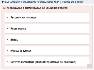 IV. MOBILIZAÇÃO E COMUNICAÇÃO AO LONGO DO PROJETO
• PESQUISA NA INTERNET
• REDES SOCIAIS
• BLOGS
• MÍDIAS DE MASSA
• EVENTOS ESPECÍFICOS (REUNIÕES TEMÁTICAS OU REGIONAIS)
23
PLANEJAMENTO ESTRATÉGICO PERNAMBUCO 2035 | COMO SERÁ FEITO
 