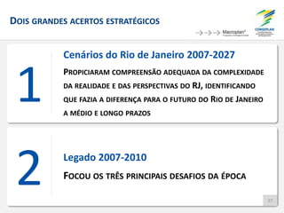 Cenários do Rio de Janeiro 2007-2027
PROPICIARAM COMPREENSÃO ADEQUADA DA COMPLEXIDADE
DA REALIDADE E DAS PERSPECTIVAS DO RJ, IDENTIFICANDO
QUE FAZIA A DIFERENÇA PARA O FUTURO DO RIO DE JANEIRO
A MÉDIO E LONGO PRAZOS
DOIS GRANDES ACERTOS ESTRATÉGICOS
1
Legado 2007-2010
FOCOU OS TRÊS PRINCIPAIS DESAFIOS DA ÉPOCA
2 27
 
