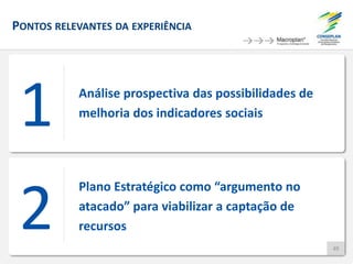 PONTOS RELEVANTES DA EXPERIÊNCIA
49
Análise prospectiva das possibilidades de
melhoria dos indicadores sociais
1
Plano Estratégico como “argumento no
atacado” para viabilizar a captação de
recursos2 49
 
