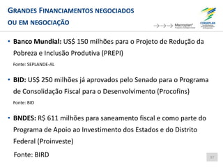 GRANDES FINANCIAMENTOS NEGOCIADOS
OU EM NEGOCIAÇÃO
• Banco Mundial: US$ 150 milhões para o Projeto de Redução da
Pobreza e Inclusão Produtiva (PREPI)
Fonte: SEPLANDE-AL
• BID: US$ 250 milhões já aprovados pelo Senado para o Programa
de Consolidação Fiscal para o Desenvolvimento (Procofins)
Fonte: BID
• BNDES: R$ 611 milhões para saneamento fiscal e como parte do
Programa de Apoio ao Investimento dos Estados e do Distrito
Federal (Proinveste)
Fonte: BIRD 57
 