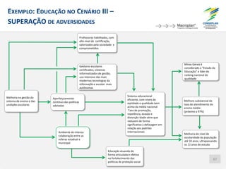 Melhoria na gestão do
sistema de ensino e das
unidades escolares
Aperfeiçoamento
contínuo das políticas
adotadas
Ambiente de intensa
colaboração entre as
esferas estadual e
municipal
Gestores escolares
certificados, sistemas
informatizados de gestão,
uso intensivo das mais
modernas tecnologias da
informação e escolas mais
autônomas
Professores habilitados, com
alto nível de certificação,
valorizados pela sociedade e
comprometidos
Sistema educacional
eficiente, com níveis de
eqüidade e qualidade bem
acima da média nacional:
Taxa de promoção,
repetência, evasão e
distorção idade-série que
reduzem de forma
significativa a defasagem em
relação aos padrões
internacionais
Melhoria do nível de
escolaridade da população
até 18 anos, ultrapassando
os 11 anos de estudo
Melhora substancial da
taxa de atendimento do
ensino médio
(próximo a 97%)
Minas Gerais é
considerado o “Estado da
Educação” e líder do
ranking nacional de
qualidade
Educação atuando de
forma articulada e efetiva
no fortalecimento das
políticas de proteção social
EXEMPLO: EDUCAÇÃO NO CENÁRIO III –
SUPERAÇÃO DE ADVERSIDADES
67
 