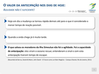 O VALOR DA ANTECIPAÇÃO NOS DIAS DE HOJE:
AGILIDADE NÃO É SUFICIENTE!
Hoje em dia a mudança se tornou rápida demais até para o que é considerado o
menor tempo de reação possível.
Quando a onda chega já é muito tarde.
O que salvou os moradores da Ilha Simeulue não foi a agilidade. Foi a capacidade
de antecipação: eles viram o oceano recuar, entenderam o sinal e com esta
antecipação tiveram tempo de escapar.
(Resumido de Burrus, Daniel & Mann, John David – O Futuro como um Bom Negócio – Campus Elsevier, Rio de Janeiro, 2011)
5
 