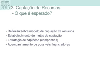 3. Captação de Recursos
- O que é esperado?
• Reflexão sobre modelo de captação de recursos
• Estabelecimento de metas de captação
• Estratégia de captação (campanhas)
• Acompanhamento de possíveis financiadores
 