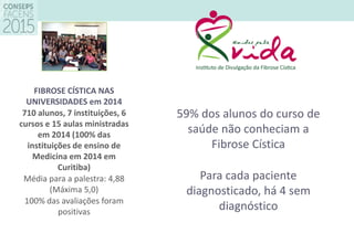 FIBROSE CÍSTICA NAS
UNIVERSIDADES em 2014
710 alunos, 7 instituições, 6
cursos e 15 aulas ministradas
em 2014 (100% das
instituições de ensino de
Medicina em 2014 em
Curitiba)
Média para a palestra: 4,88
(Máxima 5,0)
100% das avaliações foram
positivas
59% dos alunos do curso de
saúde não conheciam a
Fibrose Cística
Para cada paciente
diagnosticado, há 4 sem
diagnóstico
 
