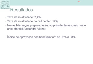 Resultados
• Taxa de rotatividade: 2,4%
• Taxa de rotatividade no call center: 12%
• Novas lideranças preparadas (novo presidente assumiu neste
ano: Marcos Alexandre Vieira)
• Índice de aprovação dos beneficiários: de 92% a 98%
42
 