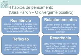 6
4 hábitos de pensamento
(Sara Parkin – O divergente positivo)
Resiliência
Estamos melhorando a capacidade de
permanecermos forte a ponto de
absorver grandes choques e continuar
fundalmentamente inalterados?
Relacionamentos
Estamos criando e protegendo as
muitas e boas relações que sustentam
a resiliência nos indivíduos e nos
sistemas?
Reflexão
Estamos reservando um tempo para
pensar sobre as coisas, de modo a
aprender com a experiência e aplicar
as lições ao futuro?
Reverência
Estou demonstrando uma “reverência
respeitosa” para o poder do mundo
natural e a intimidade de nossa
relação biológica com ele e com os
outros?
 