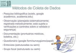 Métodos de Coleta de Dados
• Pesquisa bibliográfica (scielo, google
acadêmico, academia.edu)
• Observação (planejada sistematicamente;
registrada metodicamente; está sujeita a
verificações e controles sobre a validade e
segurança)
• Documentação (prontuários médicos,
boletins, etc.)
• Questionário (google form/surveygizmo/papel)
• Entrevista (estruturadas ou semi)
• Grupo focal (estruturado ou semi)
 