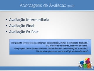 Abordagens de Avaliação (p.69)
• Avaliação Intermediária
• Avaliação Final
• Avaliação Ex-Post
O projeto teve sucesso ao alcançar os resultados, metas e o impacto desejado?
O projeto foi relevante, efetivo e eficiente?
O projeto tem o potencial de ser sustentável em suas operações e impacto?
A teoria expressa na estrutura lógica foi confirmada?
 