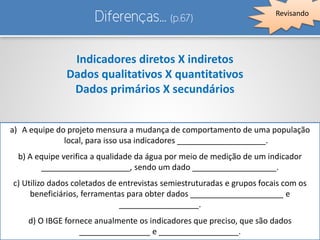 Diferenças… (p.67)
Indicadores diretos X indiretos
Dados qualitativos X quantitativos
Dados primários X secundários
Revisando
a) A equipe do projeto mensura a mudança de comportamento de uma população
local, para isso usa indicadores ____________________.
b) A equipe verifica a qualidade da água por meio de medição de um indicador
____________________, sendo um dado ___________________.
c) Utilizo dados coletados de entrevistas semiestruturadas e grupos focais com os
beneficiários, ferramentas para obter dados _____________________ e
__________________.
d) O IBGE fornece anualmente os indicadores que preciso, que são dados
________________ e __________________.
 