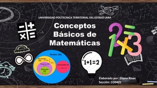Conceptos
Básicos de
Matemáticas
UNIVERSIDAD POLITECNICA TERRITORIAL DEL ESTADO LARA
Elaborado por: Eliana Rivas
Sección: CO0401
 