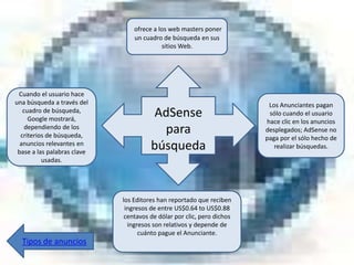 ofrece a los web masters poner
                                 un cuadro de búsqueda en sus
                                           sitios Web.




 Cuando el usuario hace
una búsqueda a través del                                                Los Anunciantes pagan
   cuadro de búsqueda,
     Google mostrará,
                                       AdSense                           sólo cuando el usuario
                                                                        hace clic en los anuncios
    dependiendo de los
  criterios de búsqueda,
                                         para                           desplegados; AdSense no
                                                                        paga por el sólo hecho de
  anuncios relevantes en
 base a las palabras clave
                                       búsqueda                            realizar búsquedas.
          usadas.




                             los Editores han reportado que reciben
                              ingresos de entre US$0.64 to US$0.88
                              centavos de dólar por clic, pero dichos
                               ingresos son relativos y depende de
                                   cuánto pague el Anunciante.
  Tipos de anuncios
 