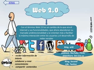 ATRAS


                      Web 2.0

           Con el término Web 2.0 es un cambio de lo que era el
         Internet y sus funcionalidades, que ahora abandonan su
          marcada unidireccionalidad y se orientan más a facilitar
        la máxima interacción entre los usuarios y el desarrollo de
                               redes sociales


  • expresarse                                          blog, wiki
  • opinar
  • buscar                                           podcast, YouTube, Flickr,
  • recibir información de                            SlideShare, Del.icio.us
    interés
  • colaborar y crear                                   Ning, Second
    conocimiento                                        Life, Twitter
  • compartir contenidos
 