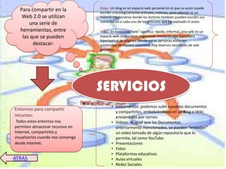 Blogs: Un blog es un espacio web personal en el que su autor puede
  Para compartir en la              escribir cronológicamente artículos, noticias, pero además es un
   Web 2.0 se utilizan              espacio colaborativo donde los lectores también pueden escribir sus
                                    comentarios a cada uno de los artículos que ha realizado el autor.
      una serie de
  herramientas, entre               Wikis: En hawaiano "wiki" significa: rápido, informal. Una wiki es un
   las que se pueden                espacio web corporativo, organizado mediante una estructura
                                    hipertextual de páginas, donde varias personas elaboran
        destacar:                   contenidos de manera asíncrona, Hay diversos servidores de wiki
                                    gratuitos.




                                    SERVICIOS
                                           • Documentos: podemos subir nuestros documentos
Entornos para compartir
                                             y compartirlos, embebiéndolos en un Blog o Wiki,
recursos:                                    enviándolos por correo.
 Todos estos entornos nos                  • Videos: Al igual que los Documentos,
permiten almacenar recursos en               anteriormente mencionados, se pueden "embeber"
Internet, compartirlos y                     un video tomado de algún repositorio que lo
visualizarlos cuando nos convenga            permita, tal como YouTube.
desde Internet.                            • Presentaciones
                                           • Fotos
                                           • Plataformas educativas
ATRAS                                      • Aulas virtuales
                                           • Redes Sociales.
 