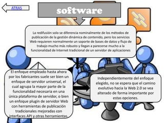 ATRAS
                             software

              La redifusión solo se diferencia nominalmente de los métodos de
             publicación de la gestión dinámica de contenido, pero los servicios
            Web requieren normalmente un soporte de bases de datos y flujo de
                 trabajo mucho más robusto y llegan a parecerse mucho a la
            funcionalidad de Internet tradicional de un servidor de aplicaciones




 El enfoque empleado hasta ahora
por los fabricantes suele ser bien un                    Independientemente del enfoque
  enfoque de servidor universal, el                     elegido, no se espera que el camino
  cual agrupa la mayor parte de la                        evolutivo hacia la Web 2.0 se vea
   funcionalidad necesaria en una                        alterado de forma importante por
única plataforma de servidor, o bien                               estas opciones.
un enfoque plugin de servidor Web
  con herramientas de publicación
     tradicionales mejoradas con
interfaces API y otras herramientas.
 
