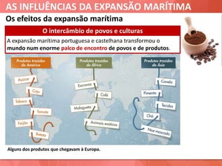 AS INFLUÊNCIAS DA EXPANSÃO MARÍTIMA
Alguns dos produtos que chegavam à Europa.
Os efeitos da expansão marítima
A expansão marítima portuguesa e castelhana transformou o
mundo num enorme palco de encontro de povos e de produtos.
O intercâmbio de povos e culturas
 