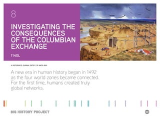 A HISTORIAN’S JOURNAL ENTRY / BY ANITA RAVI
A new era in human history began in 1492
as the four world zones became connected.
For the first time, humans created truly
global networks.
INVESTIGATING THE
CONSEQUENCES
OF THE COLUMBIAN
EXCHANGE
1140L
8
 