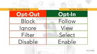@ C C Z O N A
Opt-Out Opt-In
Block Follow
Ignore View
Filter Select
Disable Enable
S T O P T H E A L G O R I T H M B E T H E A L G O R I T H M
 