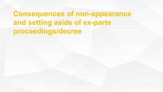 Consequences of non-appearance
and setting aside of ex-parte
proceedings/decree
 