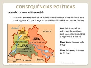 CONSEQUÊNCIAS POLÍTICAS
- Alterações no mapa político mundial:
- Divisão do território alemão em quatro zonas ocupadas e administradas pela
URSS, Inglaterra, EUA e França (o mesmo aconteceu com a cidade de Berlim);
Esta divisão estará na
origem da formação de
dois blocos que disputarão
a hegemonia mundial:
Bloco Leste, liderado pela
URSS;
Bloco Ocidental, liderado
pelos EUA;
http://pessoas.hsw.uol.com.br/historia-da-europa7.htm
Prof. Susana Simões
 