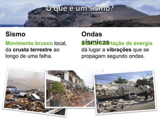 Sismo
Movimento brusco local,
da crusta terrestre ao
longo de uma falha.

Ondas
sísmicas
Súbita libertação de energia
dá lugar a vibrações que se
propagam segundo ondas.

 