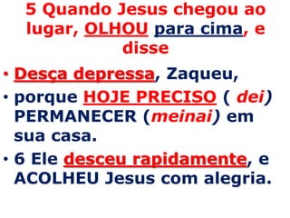 5 Quando Jesus chegou ao lugar, OLHOUpara cima, e disseDesça depressa, Zaqueu, porque HOJE PRECISO ( dei) PERMANECER (meinai)em sua casa.6 Ele desceu rapidamente, e ACOLHEU Jesus com alegria. 