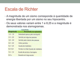 Escala de Richter
• A magnitude de um sismo corresponde à quantidade de
  energia libertada por um sismo no seu hipocentro.
• Os seus valores variam entre 1 e 8,25 e a magnitude é
  demonstrada nos sismogramas.
 