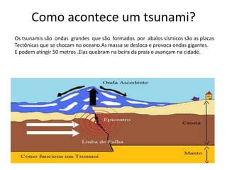 Como acontece um tsunami?
Os tsunamis são ondas grandes que são formados por abalos sísmicos são as placas
Tectônicas que se chocam no oceano.As massa se desloca e provoca ondas gigantes.
E podem atingir 50 metros .Elas quebram na beira da praia e avançam na cidade.
 