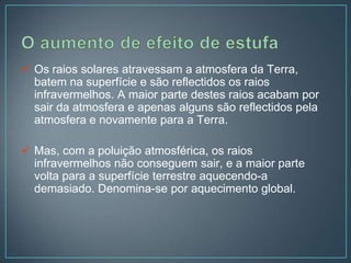  Os raios solares atravessam a atmosfera da Terra,
  batem na superfície e são reflectidos os raios
  infravermelhos. A maior parte destes raios acabam por
  sair da atmosfera e apenas alguns são reflectidos pela
  atmosfera e novamente para a Terra.

 Mas, com a poluição atmosférica, os raios
  infravermelhos não conseguem sair, e a maior parte
  volta para a superfície terrestre aquecendo-a
  demasiado. Denomina-se por aquecimento global.
 