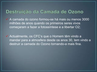  A camada do ozono formou-se há mais ou menos 3000
  milhões de anos quando os primeiros seres vivos
  começaram a fazer a fotossíntese e a libertar O2;

 Actualmente, os CFC’s que o Homem têm vindo a
  mandar para a atmosfera desde os anos 30, tem vindo a
  destruir a camada do Ozono tornando-a mais fina.
 