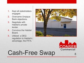 1.   Kept all stakeholders
     engaged.
2.   Overcame Bank and
     Private Lender
     resistance.
3.   Convince the Habitat
     Board.
4.   Utilized a DEQ
     regulation to Habitat’s
     advantage, the P.P.A.




Cash-Free Swap                 8
 