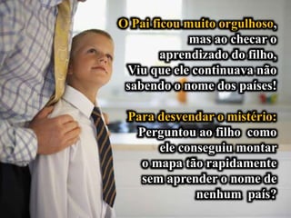 O Pai ficou muito orgulhoso,
mas ao checar o
aprendizado do filho,
Viu que ele continuava não
sabendo o nome dos países!
Para desvendar o mistério:
Perguntou ao filho como
ele conseguiu montar
o mapa tão rapidamente
sem aprender o nome de
nenhum país?
 