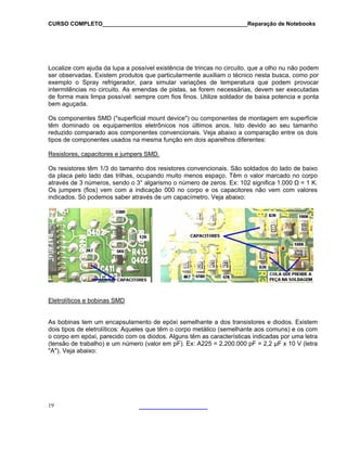 CURSO COMPLETO______________________________________________Reparação de Notebooks

Localize com ajuda da lupa a possível existência de trincas no circuito, que a olho nu não podem
ser observadas. Existem produtos que particularmente auxiliam o técnico nesta busca, como por
exemplo o Spray refrigerador, para simular variações de temperatura que podem provocar
intermitências no circuito. As emendas de pistas, se forem necessárias, devem ser executadas
de forma mais limpa possível: sempre com fios finos. Utilize soldador de baixa potencia e ponta
bem aguçada.
Os componentes SMD ("superficial mount device") ou componentes de montagem em superfície
têm dominado os equipamentos eletrônicos nos últimos anos. Isto devido ao seu tamanho
reduzido comparado aos componentes convencionais. Veja abaixo a comparação entre os dois
tipos de componentes usados na mesma função em dois aparelhos diferentes:
Resistores, capacitores e jumpers SMD.
Os resistores têm 1/3 do tamanho dos resistores convencionais. São soldados do lado de baixo
da placa pelo lado das trilhas, ocupando muito menos espaço. Têm o valor marcado no corpo
através de 3 números, sendo o 3° algarismo o número de zeros. Ex: 102 significa 1.000 Ω = 1 K.
Os jumpers (fios) vem com a indicação 000 no corpo e os capacitores não vem com valores
indicados. Só podemos saber através de um capacímetro. Veja abaixo:

Eletrolíticos e bobinas SMD
As bobinas tem um encapsulamento de epóxi semelhante a dos transistores e diodos. Existem
dois tipos de eletrolíticos: Aqueles que têm o corpo metálico (semelhante aos comuns) e os com
o corpo em epóxi, parecido com os diodos. Alguns têm as características indicadas por uma letra
(tensão de trabalho) e um número (valor em pF). Ex: A225 = 2.200.000 pF = 2,2 µF x 10 V (letra
"A"). Veja abaixo:

19

 