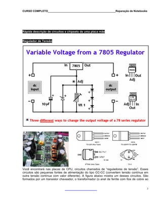 CURSO COMPLETO______________________________________________Reparação de Notebooks

Rápida descrição de circuitos e chipsets de uma placa mãe
Regulador de Tensão

Você encontrará nas placas de CPU, circuitos chamados de “reguladores de tensão”. Esses
circuitos são pequenas fontes de alimentação do tipo CC-CC (convertem tensão contínua em
outra tensão contínua com valor diferente). A figura abaixo mostra um desses circuitos. São
formados por um transistor chaveador, o transformador (o anel de ferrite com fios de cobre ao
3

 