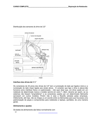 CURSO COMPLETO______________________________________________Reparação de Notebooks

Distribuição dos sensores do drive de 3,5"

Interface dos drives de 3 ½"
Os conectores de 34 pinos dos drives de 3,5" tem a numeração do lado par ligada à terra e a
numeração do lado impar ligada aos sinais ativos. O conector que liga o drive à placa-mãe
funciona como interface física e é padronizado. - Isto quer dizer que, um drive usado em um
notebook de determinada marca e modelo servirá em outro ?...Bem, deveria ser assim, se os
sistemas não fossem "proprietários" e os conectores usados por um determinado fabricante
servissem em outros modelos. Porém não é esta a filosofia adotada pelas empresas.
Infelizmente, até hoje, não se chegou a um acordo entre os fabricantes para que houvesse uma
padronização de peças e componentes para notebooks e laptops. (portáteis, de uma maneira
geral).
Alinhamento e ajustes
Os testes de alinhamento são feitos normalmente com
62

 