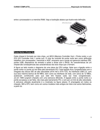 CURSO COMPLETO______________________________________________Reparação de Notebooks

entre o processador e a memória RAM. Veja a ilustração abaixo que ilustra esta definição.

Ponte Norte e Ponte Sul
Cada chipset é formado por dois chips, um MCH (Memory Controller Hub = Ponte norte), e um
ICH (I/O Controller Hub = ponte sul). O chip de controle da ponte norte tem como atribuição
trabalhar com processador, memórias e AGP, enquanto que a ponte sul gerencia interface IDE,
portas USB, dispositivos de entrada e saída e ainda com o BIOS. As características de um
chipset são conseqüências das características dos dois chips que o formam.
A figura ao lado mostra o diagrama de uma placa de CPU antiga. Note que a ligação entre a
ponte norte e a ponte sul era feita pelo barramento PCI. Esta ligação ficou congestionada com a
chegada dos discos IDE de alta velocidade (ATA-100 e ATA-133). As interfaces USB 2.0, com
sua taxa máxima teórica de 60 MB/s, bem como as interfaces de rede, com cerca de 12 MB/s,
acabavam contribuindo para que este link ficasse cada vez mais congestionado.
Já em 1999 surgiram chipsets com uma estrutura diferente. A ligação entre a ponte norte e a
ponte sul passou a ser feita, não mais pelo barramento PCI, e sim por um link de alta velocidade.
A estrutura utilizada atualmente é a mostrada na figura abaixo. É empregada em todos os
chipsets 865 e 875, bem como em outros modelos mais antigos da Intel e de outros fabricantes,
a partir do

9

 