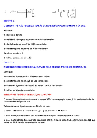 DEFEITO 1:
O SENSOR TPS NÃO RECEBE A TENSÃO DE REFERENCIA PELO TERMINAL 7 DA UCE.
Verifique:
1 - IC21 com defeito
2 - resistor R126 ligada no pino 5 do IC21 com defeito
3 - diodo ligado no pino 7 do IC21 com defeito
4 - resistor ligado no pino 6 do IC21 com defeito
5 - falta a tensão +U1
6 - trilhas partidas no circuito
DEFEITO 2
A UCE NÃO RECONHECE O SINAL ENVIADO PELO SENSOR TPS NO SEU TERMINAL 25
Verifique:
1 - capacitor ligado no pino 25 da uce com defeito
2 - resistor ligado no pino 25 da uce com defeito
3 - capacitor ligado na trilha AN2 no pino 47 do IC4 com defeito
4 - trilhas do circuito com defeito
SENSOR VSS - SENSOR DE ROTAÇÃO DO MOTOR
O sensor de rotação do motor que é o sensor VSS, como o propio nome já diz envia os sinais de
rotação do motor para a uce.
Este sensor esta ligado nos pinos 14 e 31 da uce.
O sensor VSS envia o seu sinal analógico para o terminal 14 da uce.
O sinal analógico do sensor VSS é convertido em digital pelos chips IC2, IC3, IC5
O sinal digital obtida da conversão é aplicado a CPU, IC4 pela trilha PA0 ao terminal 34 do IC$ que é
o chip da CPU ou microprocessador da uce.
 