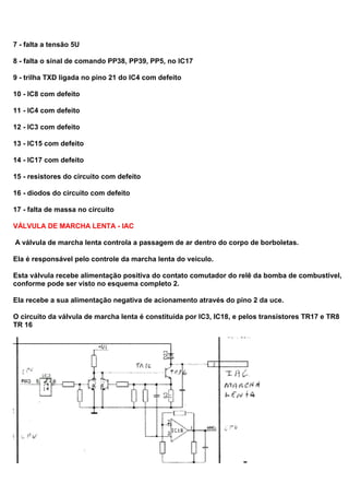 7 - falta a tensão 5U
8 - falta o sinal de comando PP38, PP39, PP5, no IC17
9 - trilha TXD ligada no pino 21 do IC4 com defeito
10 - IC8 com defeito
11 - IC4 com defeito
12 - IC3 com defeito
13 - IC15 com defeito
14 - IC17 com defeito
15 - resistores do circuito com defeito
16 - diodos do circuito com defeito
17 - falta de massa no circuito
VÁLVULA DE MARCHA LENTA - IAC
A válvula de marcha lenta controla a passagem de ar dentro do corpo de borboletas.
Ela é responsável pelo controle da marcha lenta do veiculo.
Esta válvula recebe alimentação positiva do contato comutador do relê da bomba de combustivel,
conforme pode ser visto no esquema completo 2.
Ela recebe a sua alimentação negativa de acionamento através do pino 2 da uce.
O circuito da válvula de marcha lenta é constituída por IC3, IC18, e pelos transistores TR17 e TR8 e
TR 16
 