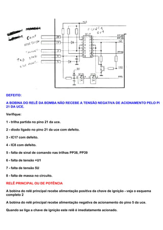 DEFEITO:
A BOBINA DO RELÊ DA BOMBA NÃO RECEBE A TENSÃO NEGATIVA DE ACIONAMENTO PELO PINO
21 DA UCE.
Verifique:
1 - trilha partida no pino 21 da uce.
2 - diodo ligado no pino 21 da uce com defeito.
3 - IC17 com defeito.
4 - IC8 com defeito.
5 - falta de sinal de comando nas trilhas PP38, PP39
6 - falta de tensão +U1
7 - falta de tensão 5U
8 - falta de massa no circuito.
RELÊ PRINCIPAL OU DE POTÊNCIA
A bobina do relê principal recebe alimentação positiva da chave de ignição - veja o esquema
completo 2
A bobina do relê principal recebe alimentação negativa de acionamento do pino 5 da uce.
Quando se liga a chave de ignição este relê é imediatamente acionado.
 