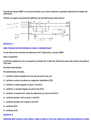 O sinal do sensor MAP e um sinal variável, que varia conforme a pressão absoluta do coletor de
admissão.
Vamos ver agora os possíveis defeitos da centralina para este sensor.
DEFEITO 1:
SEM TENSÃO DE REFERENCIA PARA O SENSOR MAP
A uce não envia a tensão de referencia de 5 volts para o sensor MAP.
Veja o esquema.
Conforme podemos ver no esquema a tensão de 5 volts de referencia para este sensor sai pelo pino
9 da uce.
Se faltar esta tensão.
Procedimentos de teste.
1 - verificar trilhas partidas do circuito do pino 9 da uce
2 - verificar curtos circuitos no capacitor eletrolitico C25
3 - verificar o diodo ligado no pino 7 do IC12
4 - verificar o resistor ligado no pino 6 do IC12
5 - verificar a tensão de 5 volts de referencia no pino 5 do IC12
6 - verificar tensão +U2 no pino 1 do IC21
7 - verificar tensão ref no pino 5 do IC21
8 - verificar IC21
9 - verificar IC12
DEFEITO 2
SENSOR MAP ENVIA O SEU SINAL PARA O PINO 27 DA UCE, MAS ELA NÃO RECONHECE O SINAL
 