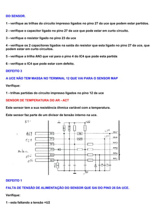 DO SENSOR.
1 - verifique as trilhas do circuito impresso ligados no pino 27 da uce que podem estar partidos.
2 - verifique o capacitor ligado no pino 27 da uce que pode estar em curto circuito.
3 - verifique o resistor ligado no pino 23 da uce
4 - verifique os 2 capacitores ligados na saída do resistor que esta ligado no pino 27 da uce, que
podem estar em curto circuitos.
5 - verifique a trilha AN3 que vai para o pino 4 do IC4 que pode esta partida
6 - verifique o IC4 que pode estar com defeito.
DEFEITO 3
A UCE NÃO TEM MASSA NO TERMINAL 12 QUE VAI PARA O SENSOR MAP
Verifique:
1 - trilhas partidas do circuito impresso ligados no pino 12 da uce
SENSOR DE TEMPERATURA DO AR - ACT
Este sensor tem a sua resistência ôhmica variável com a temperatura.
Este sensor faz parte de um divisor de tensão interno na uce.
DEFEITO 1
FALTA DE TENSÃO DE ALIMENTAÇÃO DO SENSOR QUE SAI DO PINO 26 DA UCE.
Verifique:
1 - esta faltando a tensão +U2
 