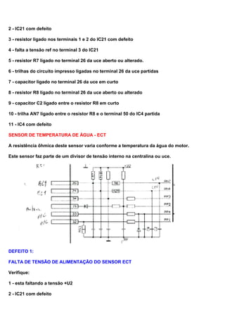 2 - IC21 com defeito
3 - resistor ligado nos terminais 1 e 2 do IC21 com defeito
4 - falta a tensão ref no terminal 3 do IC21
5 - resistor R7 ligado no terminal 26 da uce aberto ou alterado.
6 - trilhas do circuito impresso ligadas no terminal 26 da uce partidas
7 - capacitor ligado no terminal 26 da uce em curto
8 - resistor R8 ligado no terminal 26 da uce aberto ou alterado
9 - capacitor C2 ligado entre o resistor R8 em curto
10 - trilha AN7 ligado entre o resistor R8 e o terminal 50 do IC4 partida
11 - IC4 com defeito
SENSOR DE TEMPERATURA DE ÁGUA - ECT
A resistência ôhmica deste sensor varia conforme a temperatura da água do motor.
Este sensor faz parte de um divisor de tensão interno na centralina ou uce.
DEFEITO 1:
FALTA DE TENSÃO DE ALIMENTAÇÃO DO SENSOR ECT
Verifique:
1 - esta faltando a tensão +U2
2 - IC21 com defeito
 