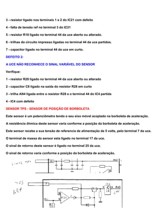 3 - resistor ligado nos terminais 1 e 2 do IC21 com defeito
4 - falta de tensão ref no terminal 3 do IC21
5 - resistor R18 ligado no terminal 44 da uce aberto ou alterado.
6 - trilhas do circuito impresso ligadas no terminal 44 da uce partidos.
7 - capacitor ligado no terminal 44 da uce em curto.
DEFEITO 2:
A UCE NÃO RECONHECE O SINAL VARIÁVEL DO SENSOR
Verifique:
1 - resistor R28 ligado no terminal 44 da uce aberto ou alterado
2 - capacitor C8 ligado na saída do resistor R28 em curto
3 - trilha AN4 ligada entre o resistor R28 e o terminal 44 do IC4 partida
4 - IC4 com defeito
SENSOR TPS - SENSOR DE POSIÇÃO DE BORBOLETA
Este sensor é um potenciômetro tendo o seu eixo móvel acoplado na borboleta de aceleração.
A resistência ôhmica deste sensor varia conforme a posição da borboleta de aceleração.
Este sensor recebe a sua tensão de referencia de alimentação de 5 volts, pelo terminal 7 da uce.
O terminal de massa do sensor esta ligado no terminal 17 da uce.
O sinal de retorno deste sensor é ligado no terminal 25 da uce.
O sinal de retorno varia conforme a posição da borboleta de aceleração.
 