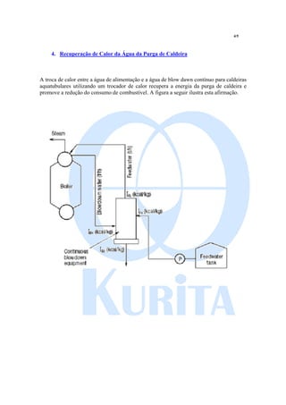 4/5
4. Recuperação de Calor da Água da Purga de Caldeira
A troca de calor entre a água de alimentação e a água de blow dawn contínuo para caldeiras
aquatubulares utilizando um trocador de calor recupera a energia da purga de caldeira e
promove a redução do consumo de combustível. A figura a seguir ilustra esta afirmação.
 